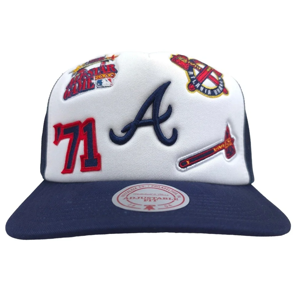Atlanta Braves Mitchell & Ness Trucker‎ Hat Cap 3D Logo 5 Logos White Navy NWT